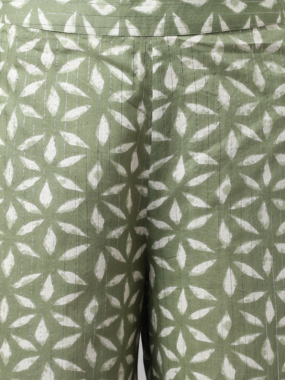 Women's Fern Green Pure Cotton Flared Kurta, Palazzo & Dupatta