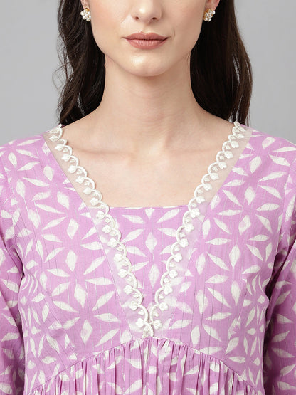 Women's Lavender Pure Cotton Flared Kurta Set With Dupatta
