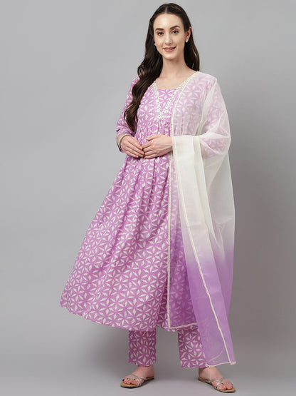 Women's Lavender Pure Cotton Flared Kurta Set With Dupatta