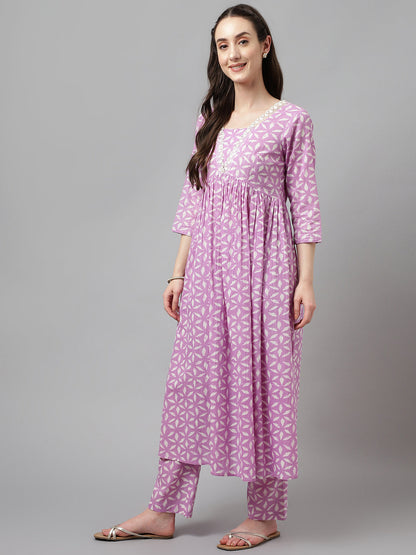 Women's Lavender Pure Cotton Flared Kurta Set With Dupatta