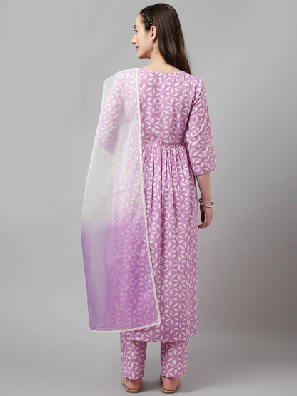 Women's Lavender Pure Cotton Flared Kurta Set With Dupatta