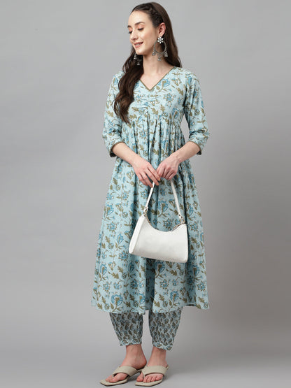 Women's Light Blue Pure Cotton Flared Kurta with Pant