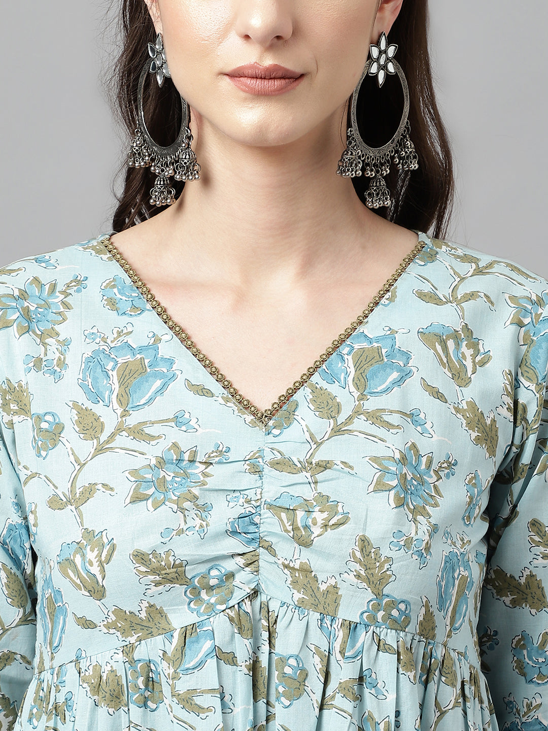 Women's Light Blue Pure Cotton Flared Kurta with Pant