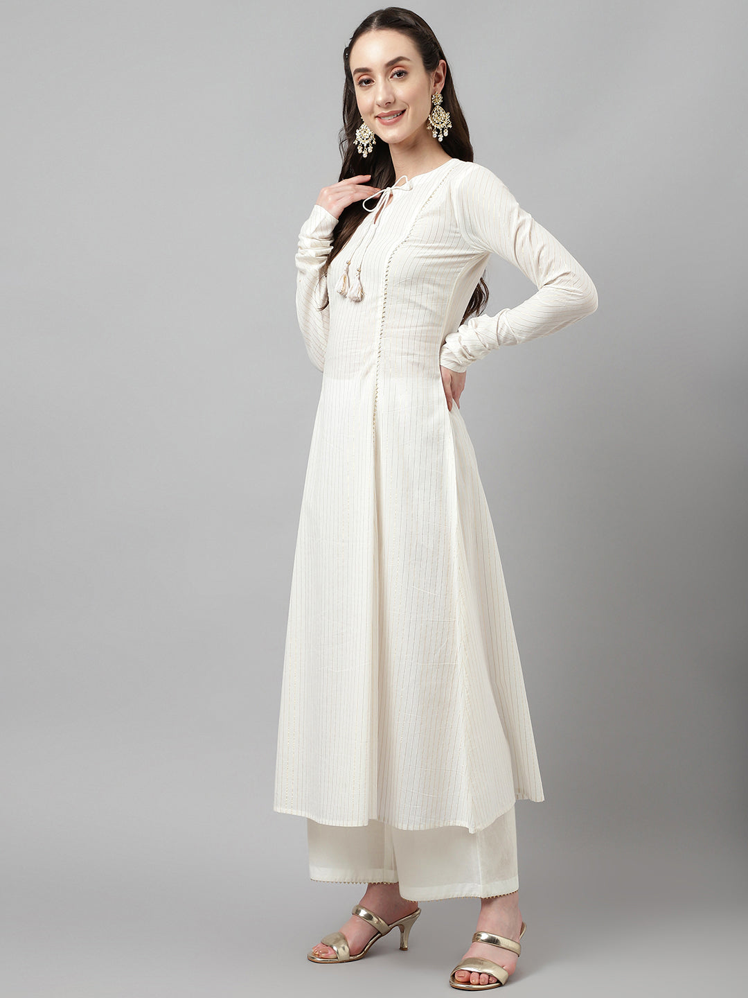 Women's Off White Pure Cotton Flared Kurta with Palazzo and Dupatta