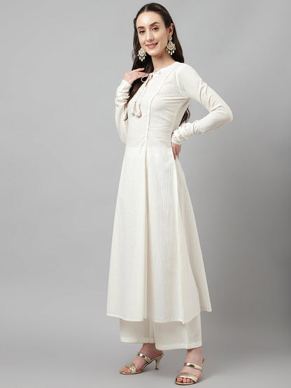 Women's Off White Pure Cotton Flared Kurta with Palazzo and Dupatta