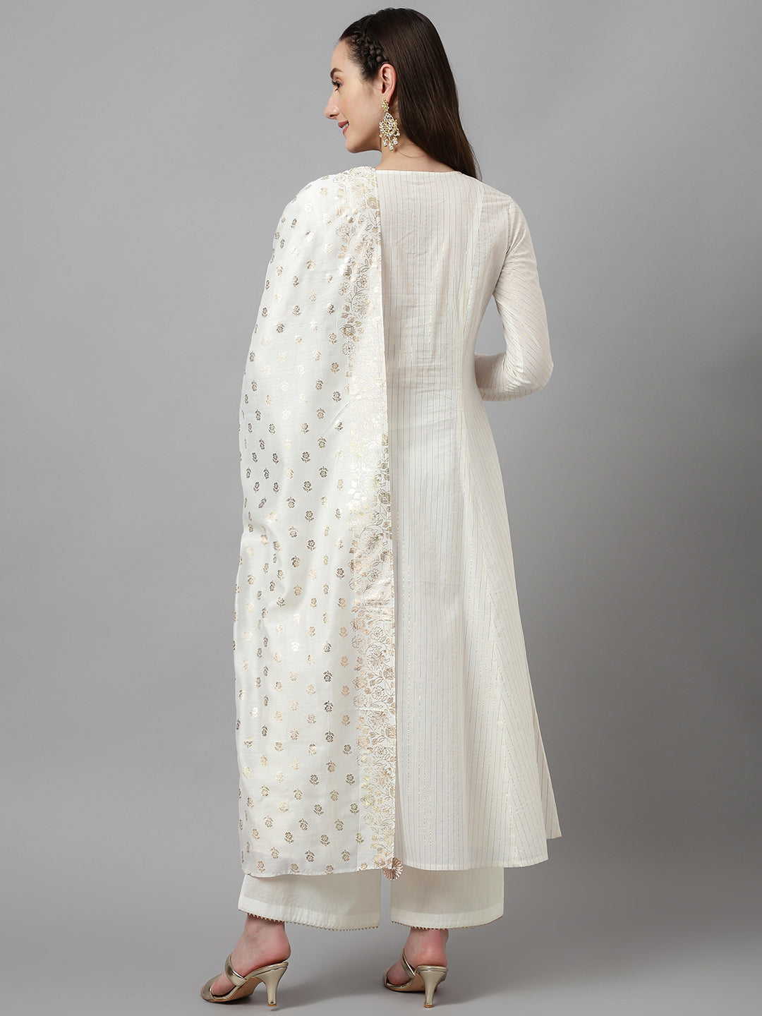Women's Off White Pure Cotton Flared Kurta with Palazzo and Dupatta