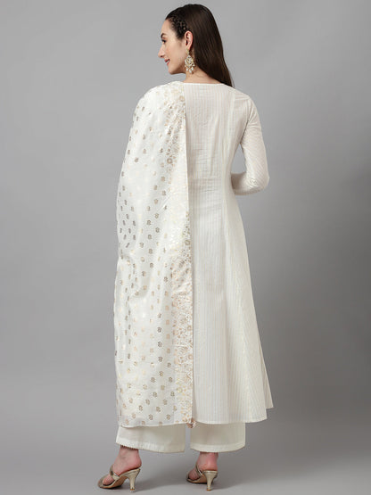 Women's Off White Pure Cotton Flared Kurta with Palazzo and Dupatta