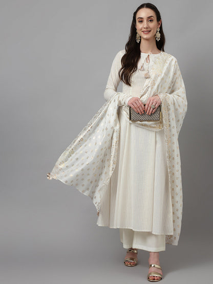 Women's Off White Pure Cotton Flared Kurta with Palazzo and Dupatta