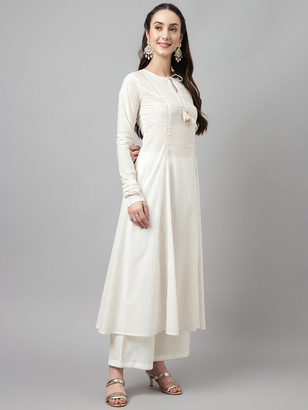 Women's Off White Pure Cotton Flared Kurta with Palazzo and Dupatta