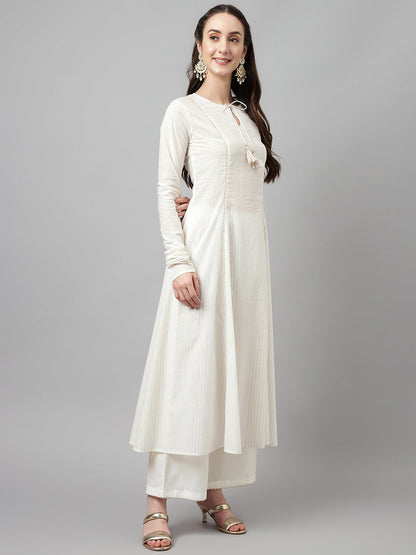 Women's Off White Pure Cotton Flared Kurta with Palazzo and Dupatta