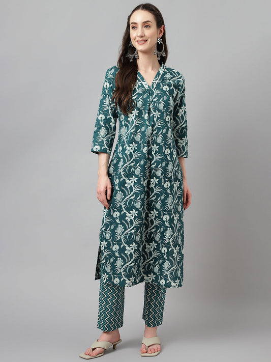 Women's Teal Blue Cotton A-Line Kurta with Pant