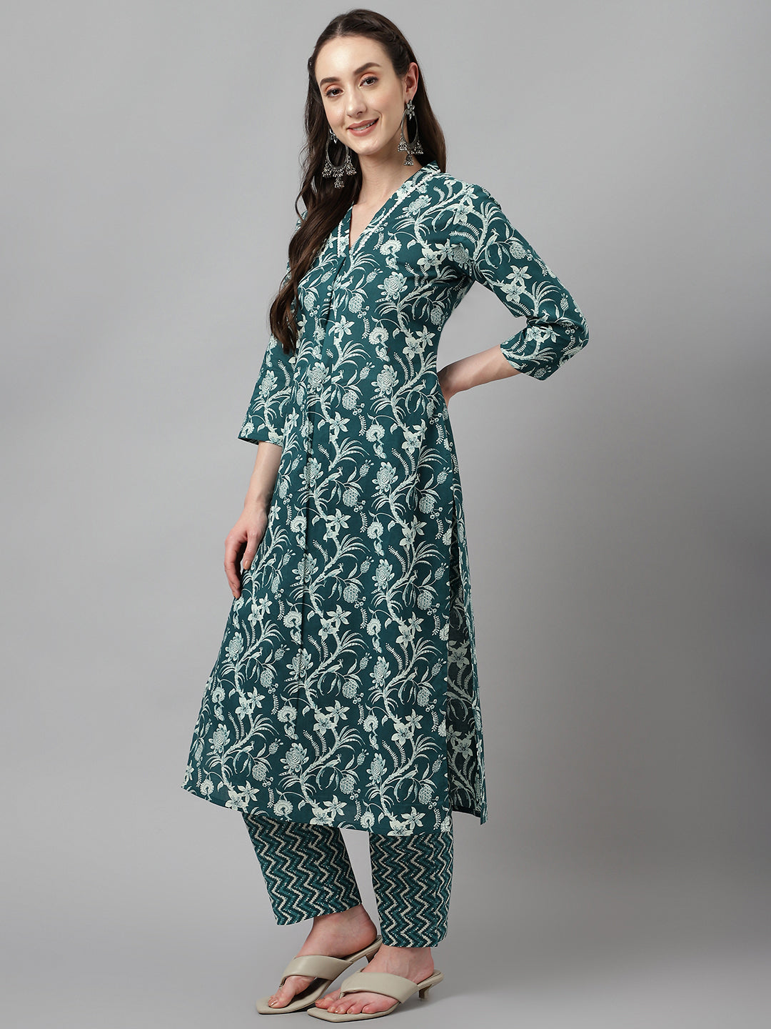 Women's Teal Blue Cotton A-Line Kurta with Pant