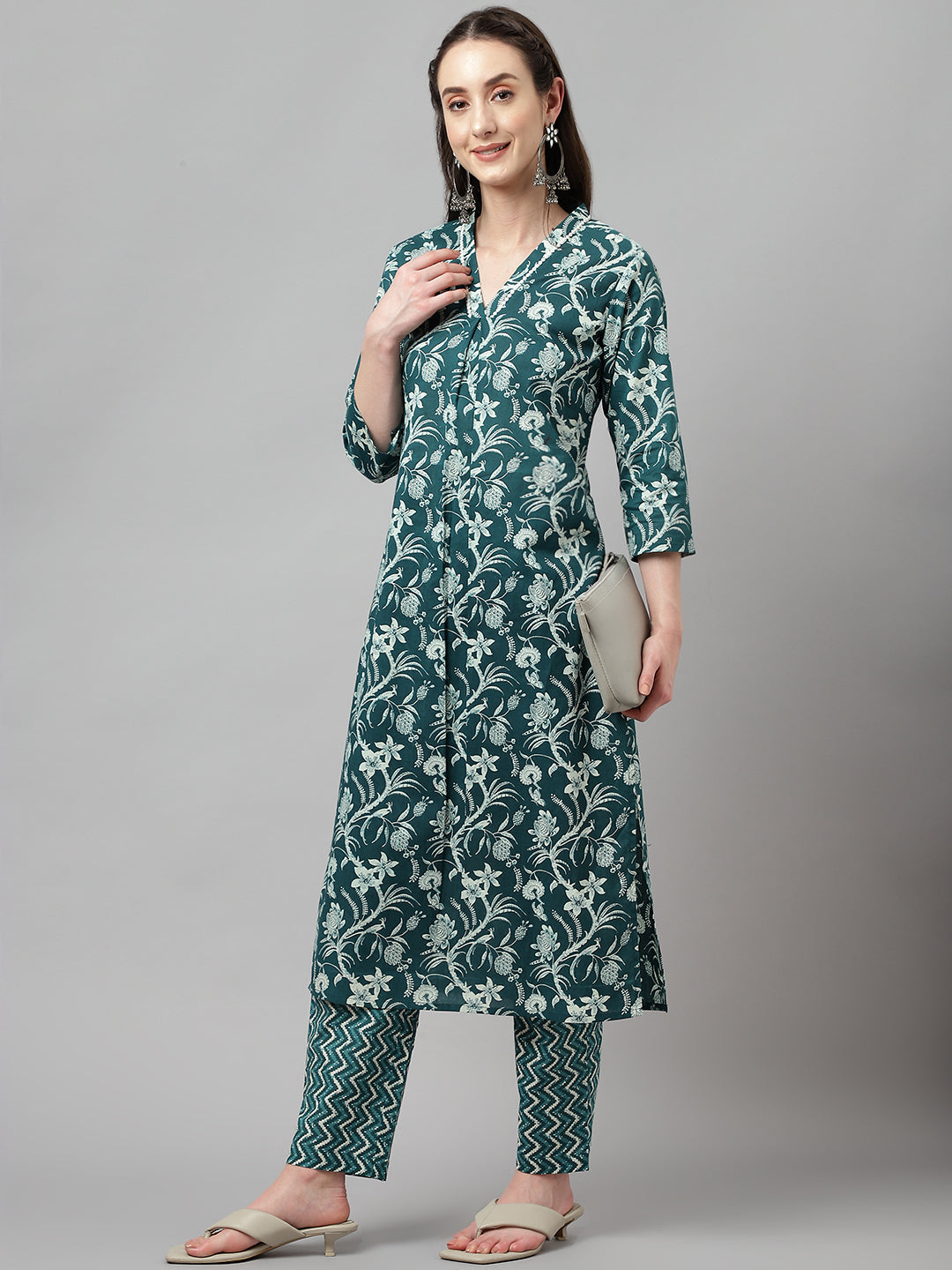 Women's Teal Blue Cotton A-Line Kurta with Pant