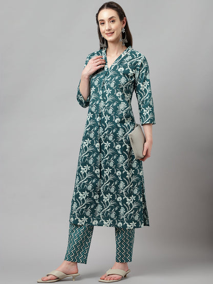 Women's Teal Blue Cotton A-Line Kurta with Pant