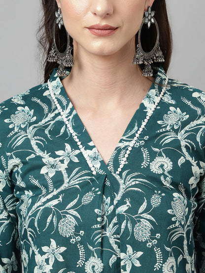 Women's Teal Blue Cotton A-Line Kurta with Pant