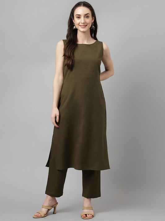 Women's Olive Green Rayon Straight Kurta with Pant