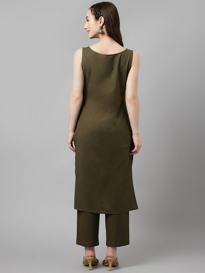 Women's Olive Green Rayon Straight Kurta with Pant