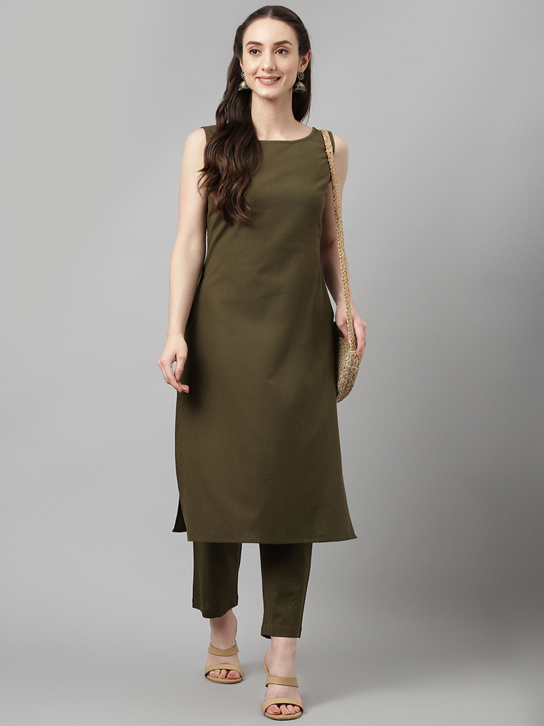 Women's Olive Green Rayon Straight Kurta with Pant