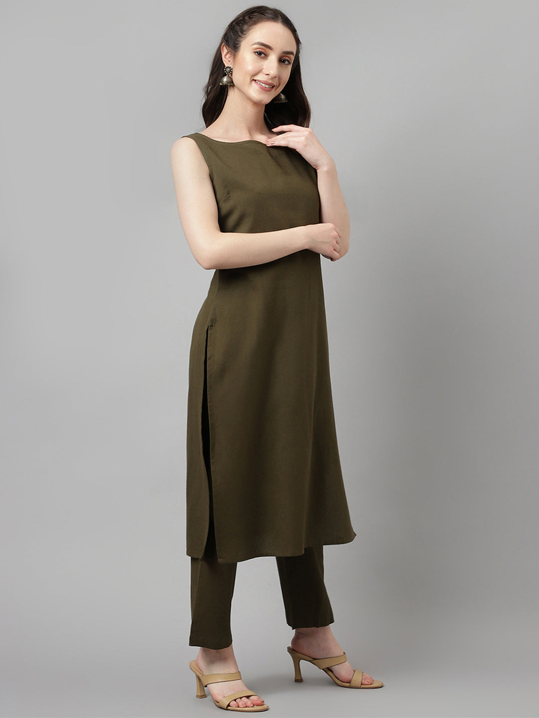 Women's Olive Green Rayon Straight Kurta with Pant