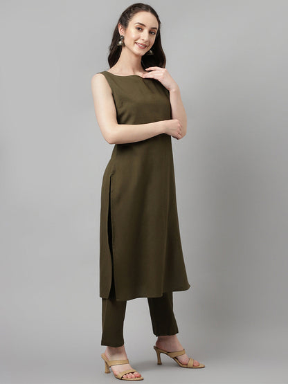 Women's Olive Green Rayon Straight Kurta with Pant