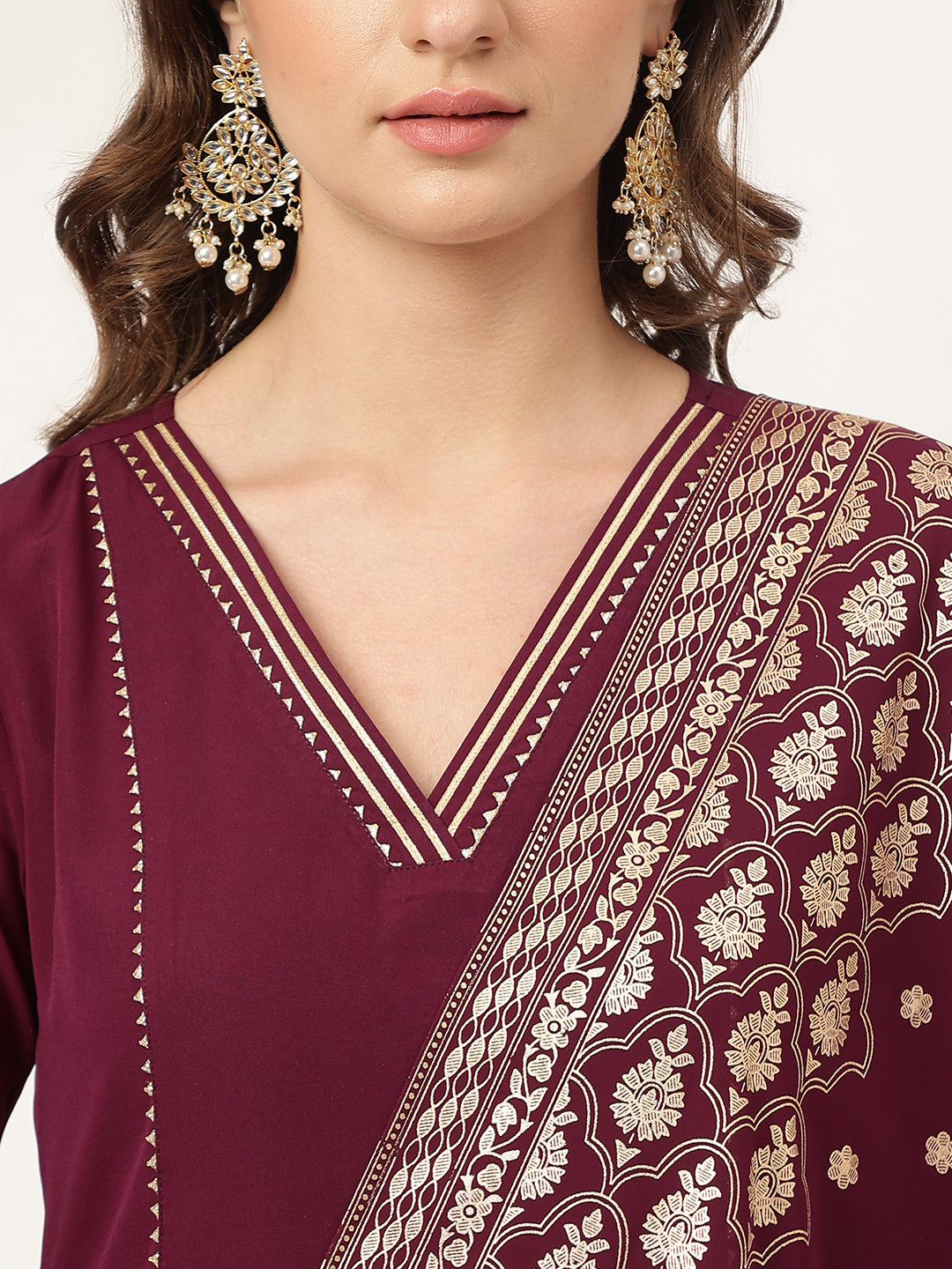 Women's Purple Poly Crepe Flared Kurta with Dupatta and Pant