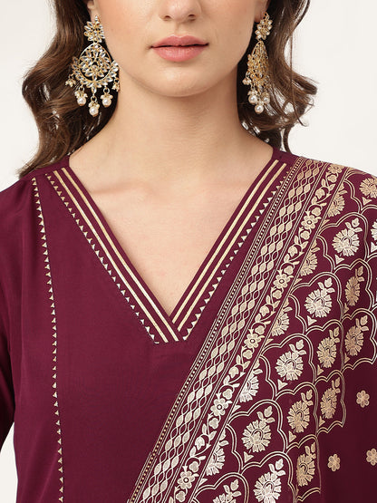 Women's Purple Poly Crepe Flared Kurta with Dupatta and Pant