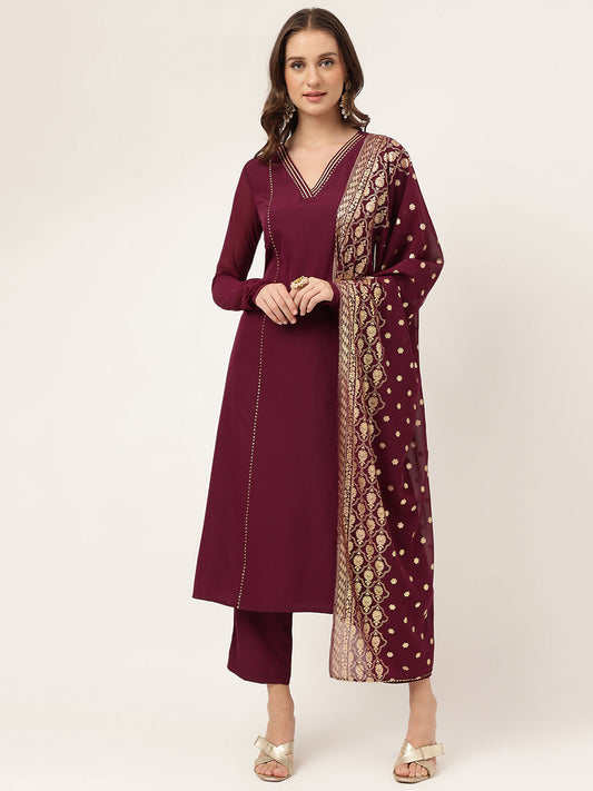 Women's Purple Poly Crepe Flared Kurta with Dupatta and Pant