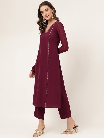 Women's Purple Poly Crepe Flared Kurta with Dupatta and Pant
