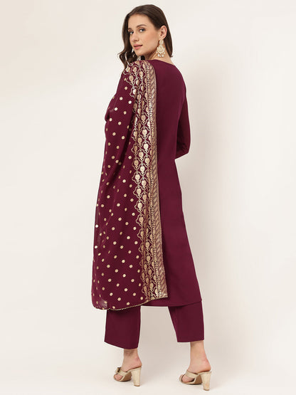 Women's Purple Poly Crepe Flared Kurta with Dupatta and Pant