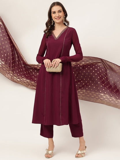 Women's Purple Poly Crepe Flared Kurta with Dupatta and Pant