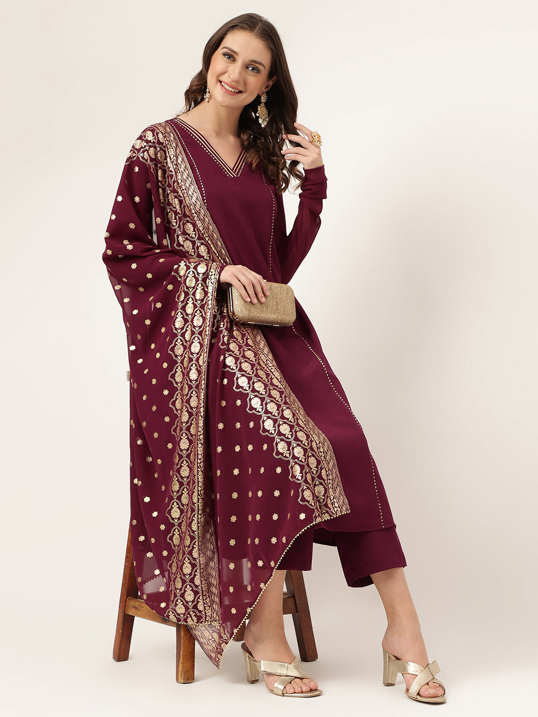 Women's Purple Poly Crepe Flared Kurta with Dupatta and Pant