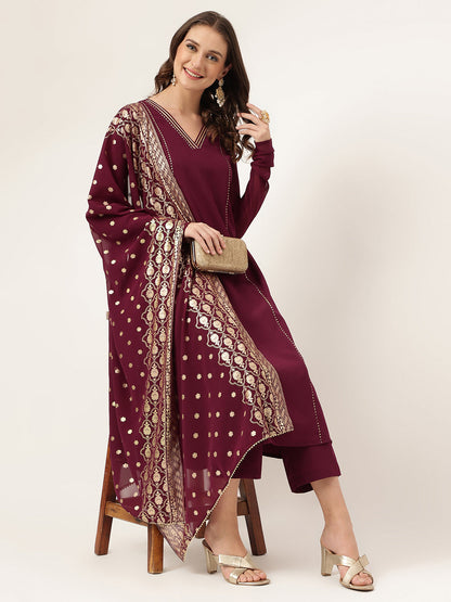 Women's Purple Poly Crepe Flared Kurta with Dupatta and Pant