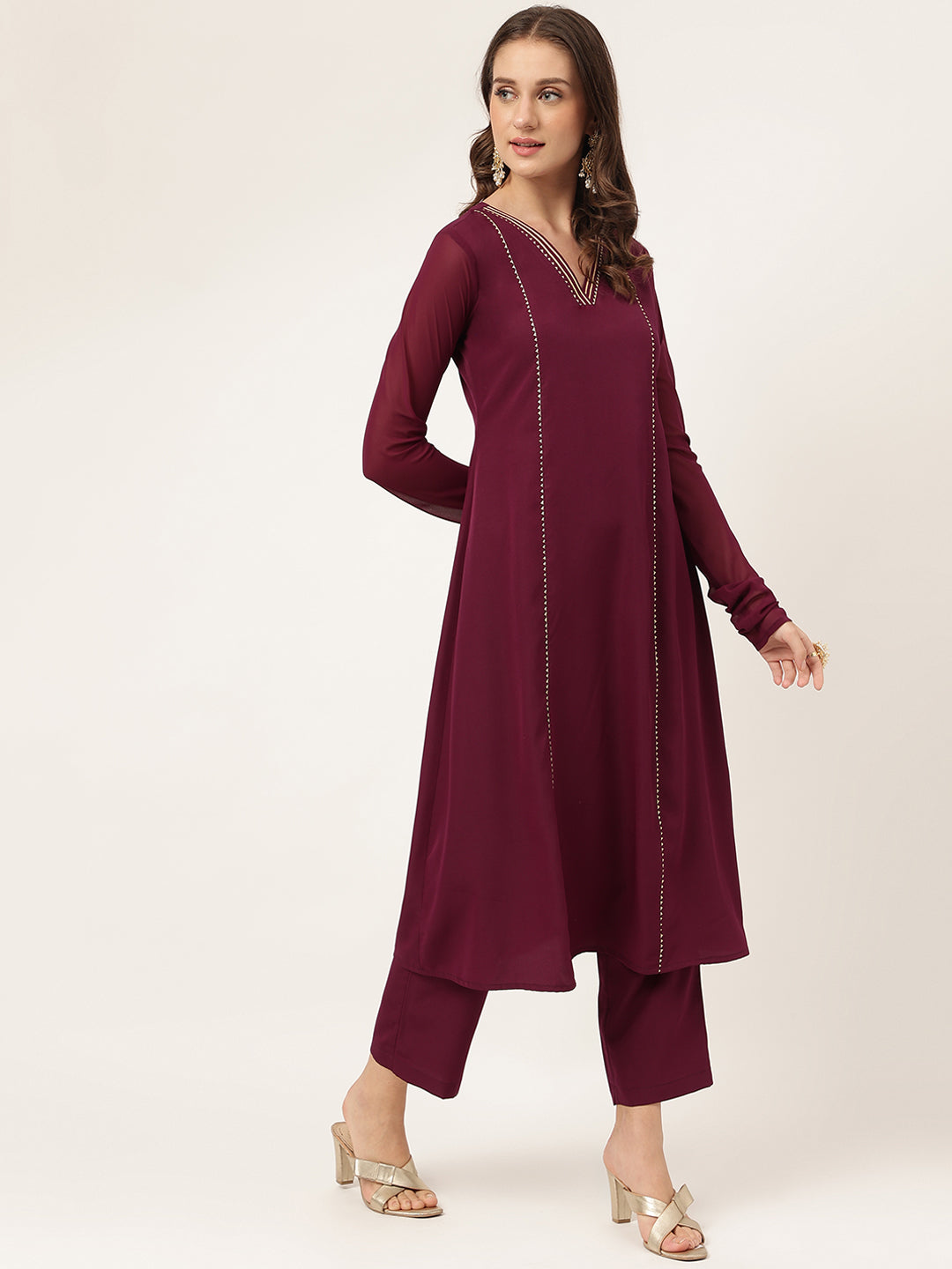 Women's Purple Poly Crepe Flared Kurta with Dupatta and Pant
