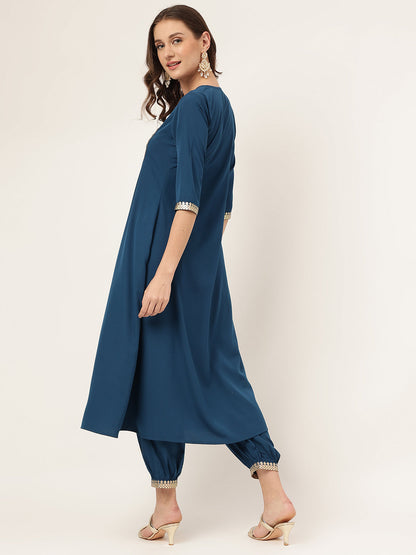 Women's Teal Blue Poly Crepe A-line Kurta with Pant