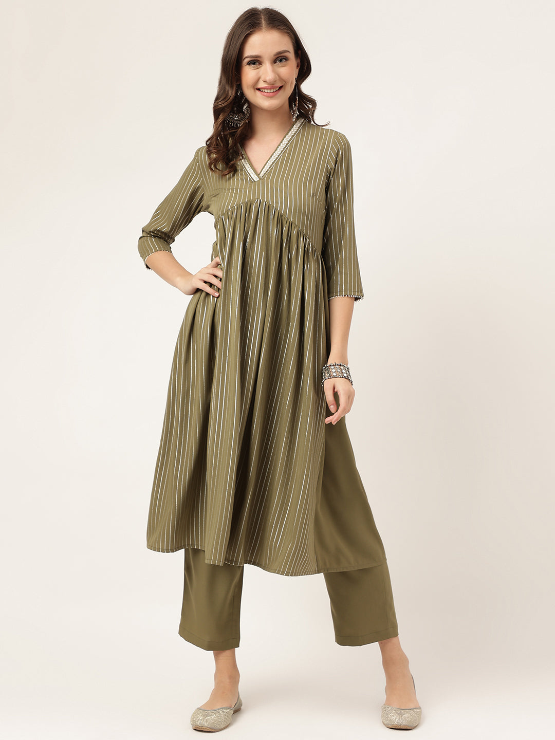 Women's Olive Green Poly Crepe A-line Kurta with Pant