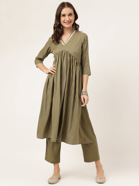 Women's Olive Green Poly Crepe A-line Kurta with Pant