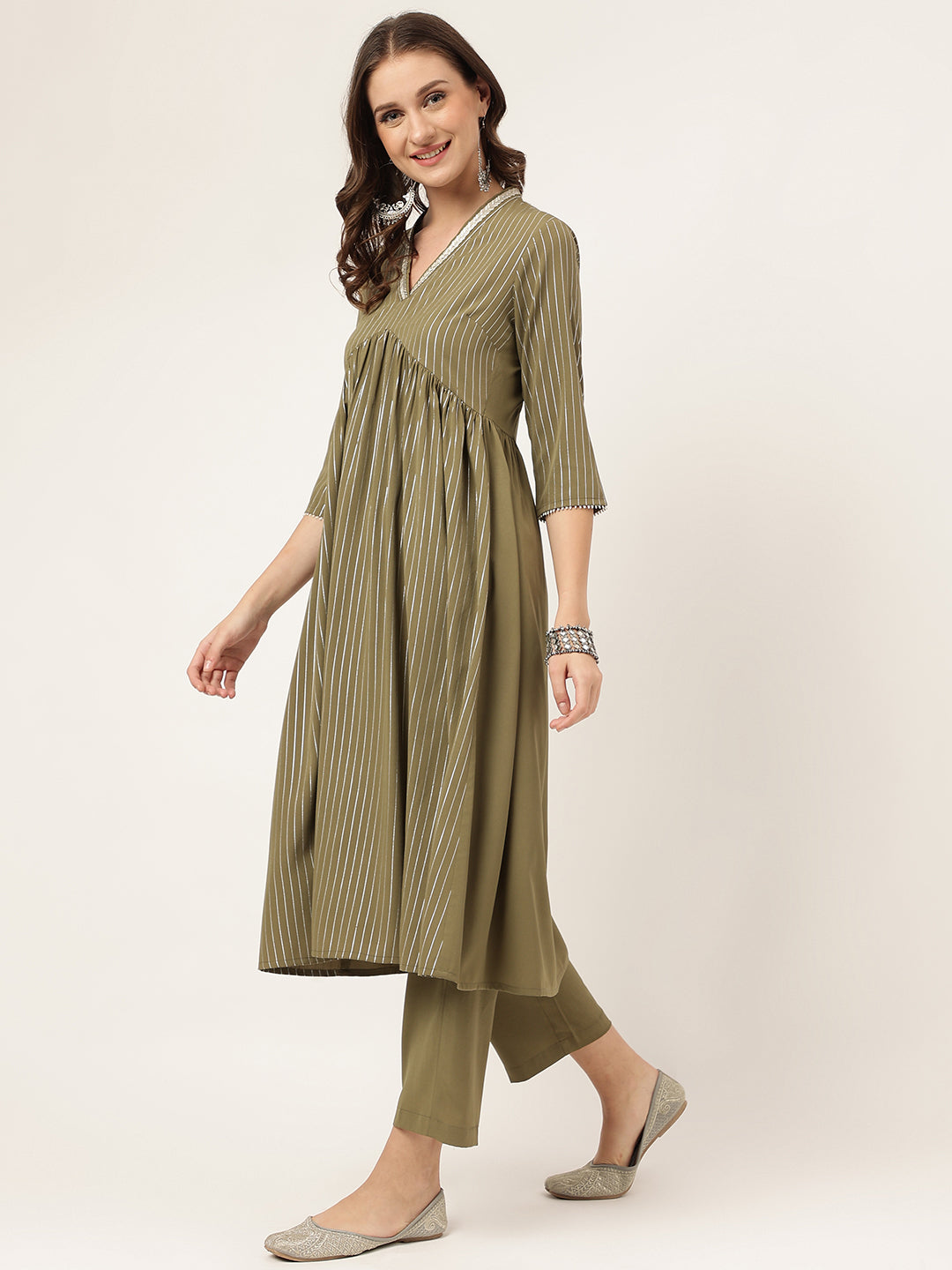 Women's Olive Green Poly Crepe A-line Kurta with Pant