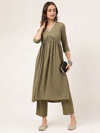 Women's Olive Green Poly Crepe A-line Kurta with Pant