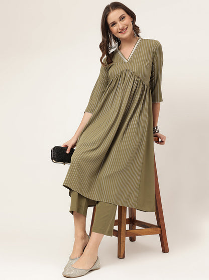 Women's Olive Green Poly Crepe A-line Kurta with Pant