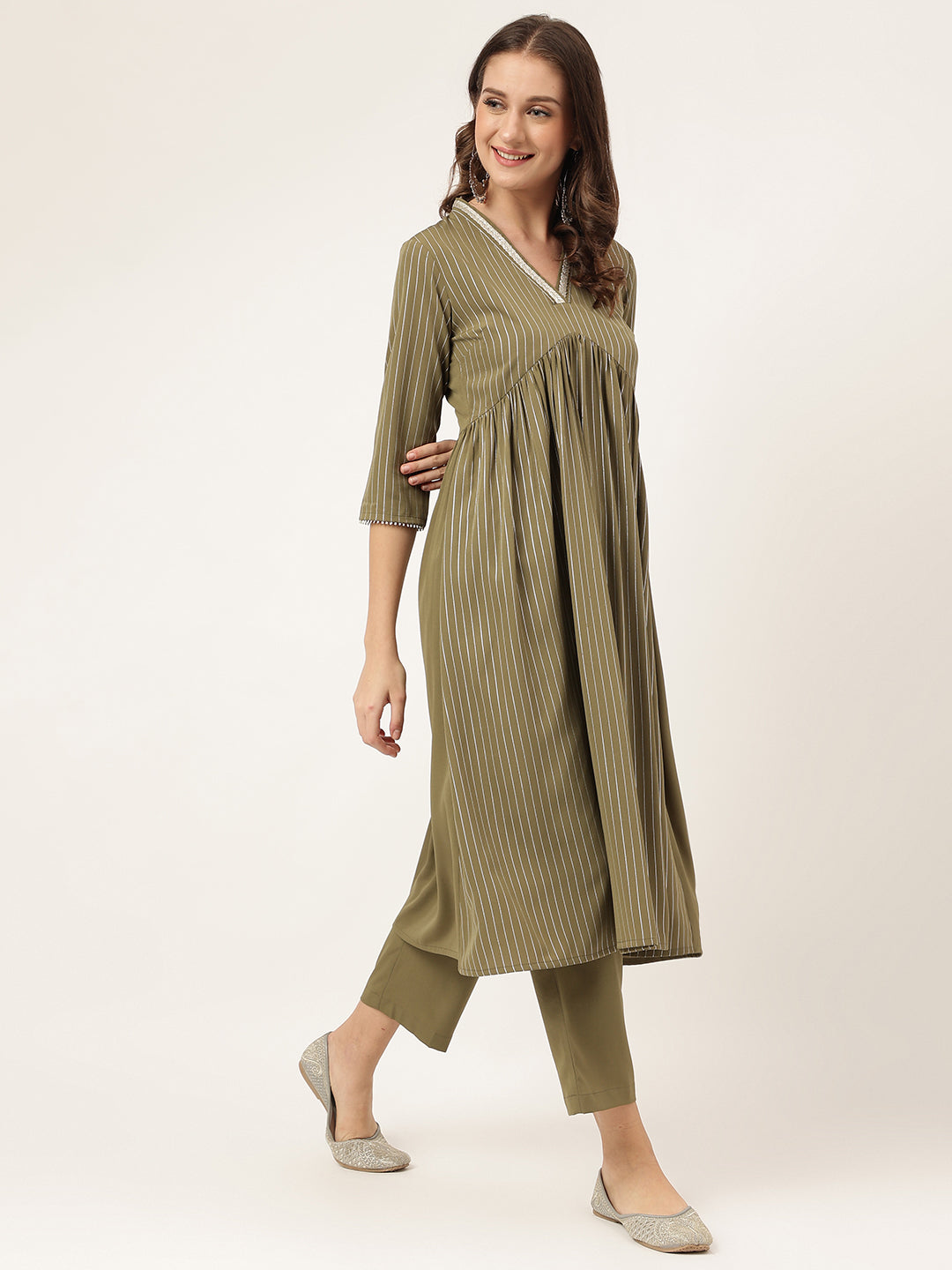 Women's Olive Green Poly Crepe A-line Kurta with Pant