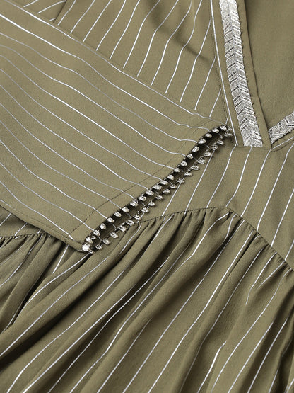 Women's Olive Green Poly Crepe A-line Kurta with Pant