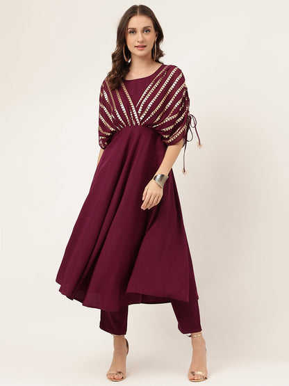 Women's Purple Poly Crepe A-line Kurta with Pant