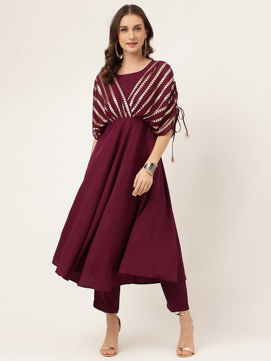 Women's Purple Poly Crepe A-line Kurta with Pant