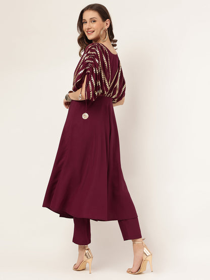 Women's Purple Poly Crepe A-line Kurta with Pant