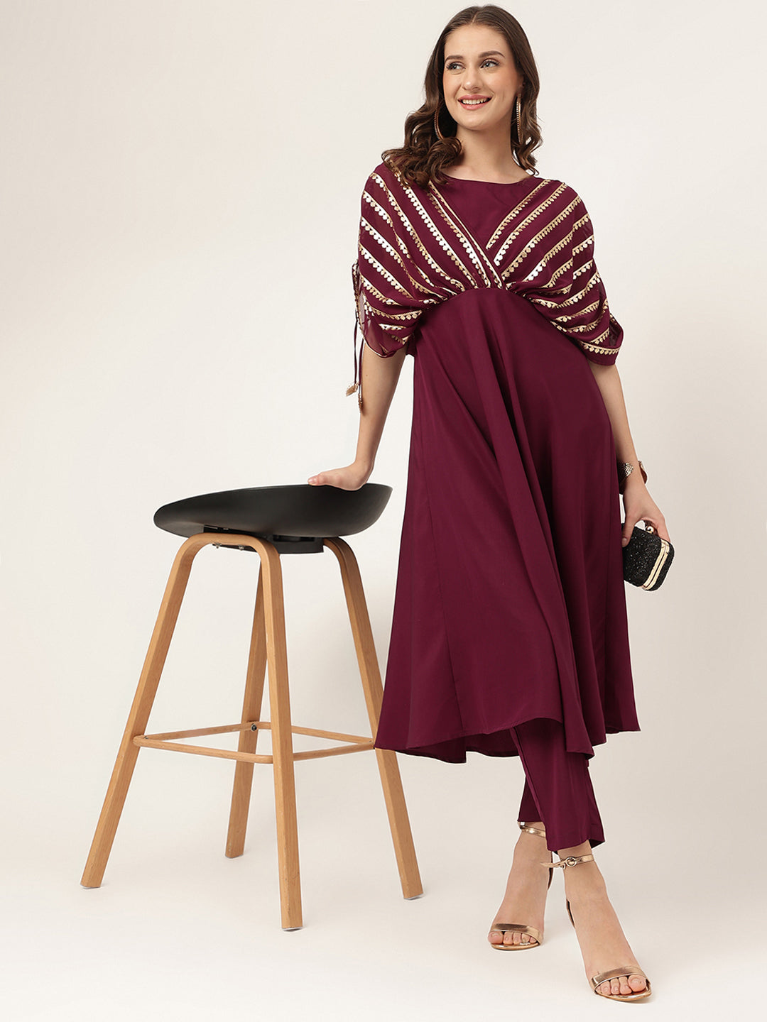 Women's Purple Poly Crepe A-line Kurta with Pant