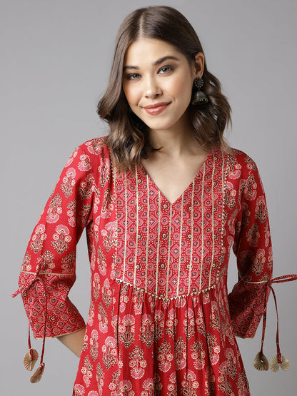 Women's Red Cotton A-Line Kurta Pant