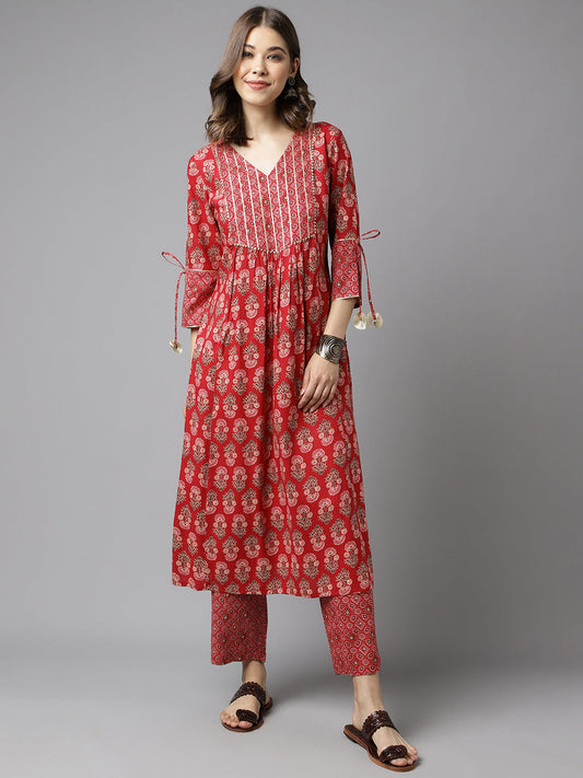 Women's Red Cotton A-Line Kurta Pant