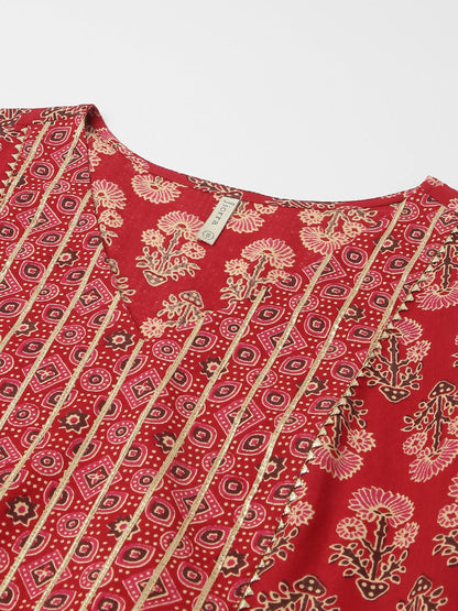 Women's Red Cotton A-Line Kurta Pant