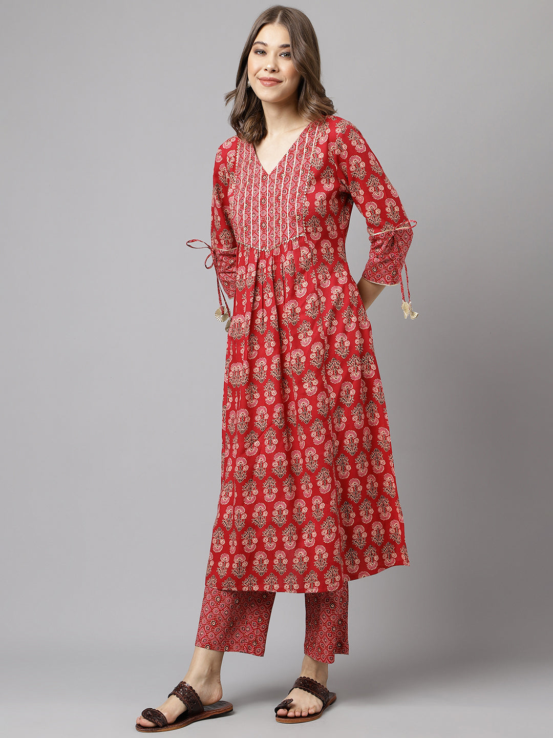 Women's Red Cotton A-Line Kurta Pant