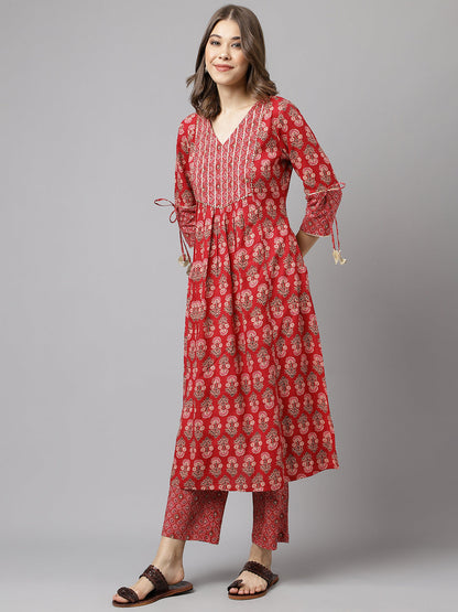 Women's Red Cotton A-Line Kurta Pant